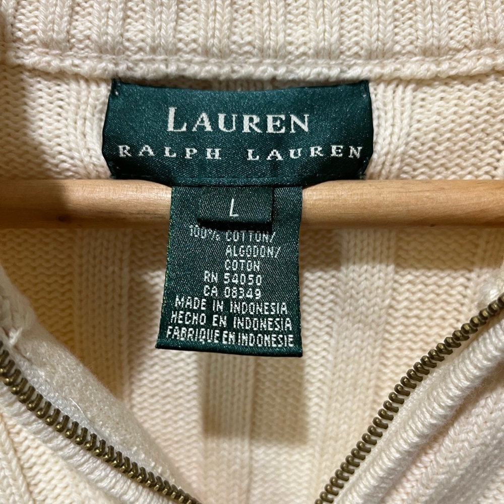 LAUREN RALPH LAUREN CREAM MOCK NECK RIBBED 1/4 ZIP LS SWEATER SIZE LARGE - Picture 2 of 15